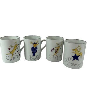 Set of 4 Pottery Barn Reindeer Mugs Made In Japan Donner, Cupid, Blitzen, Comet